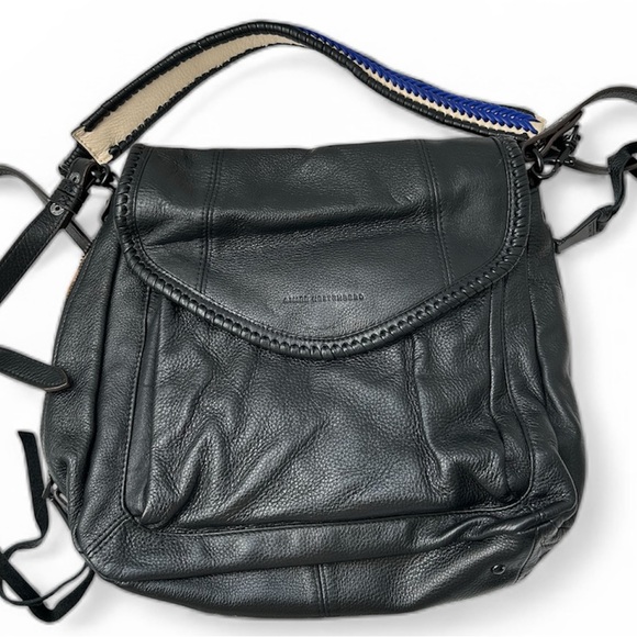 Aimee Kestenberg Handbags - Aimee Kestenberg Black Leather Shoulder Bag with Blue Accent Strap